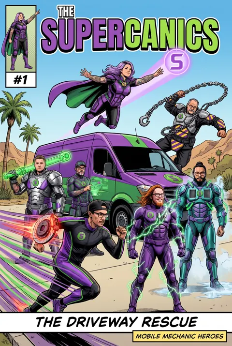 The Supercanics issue 1 cover: the crew in their hero suits in front of the Supercanic van