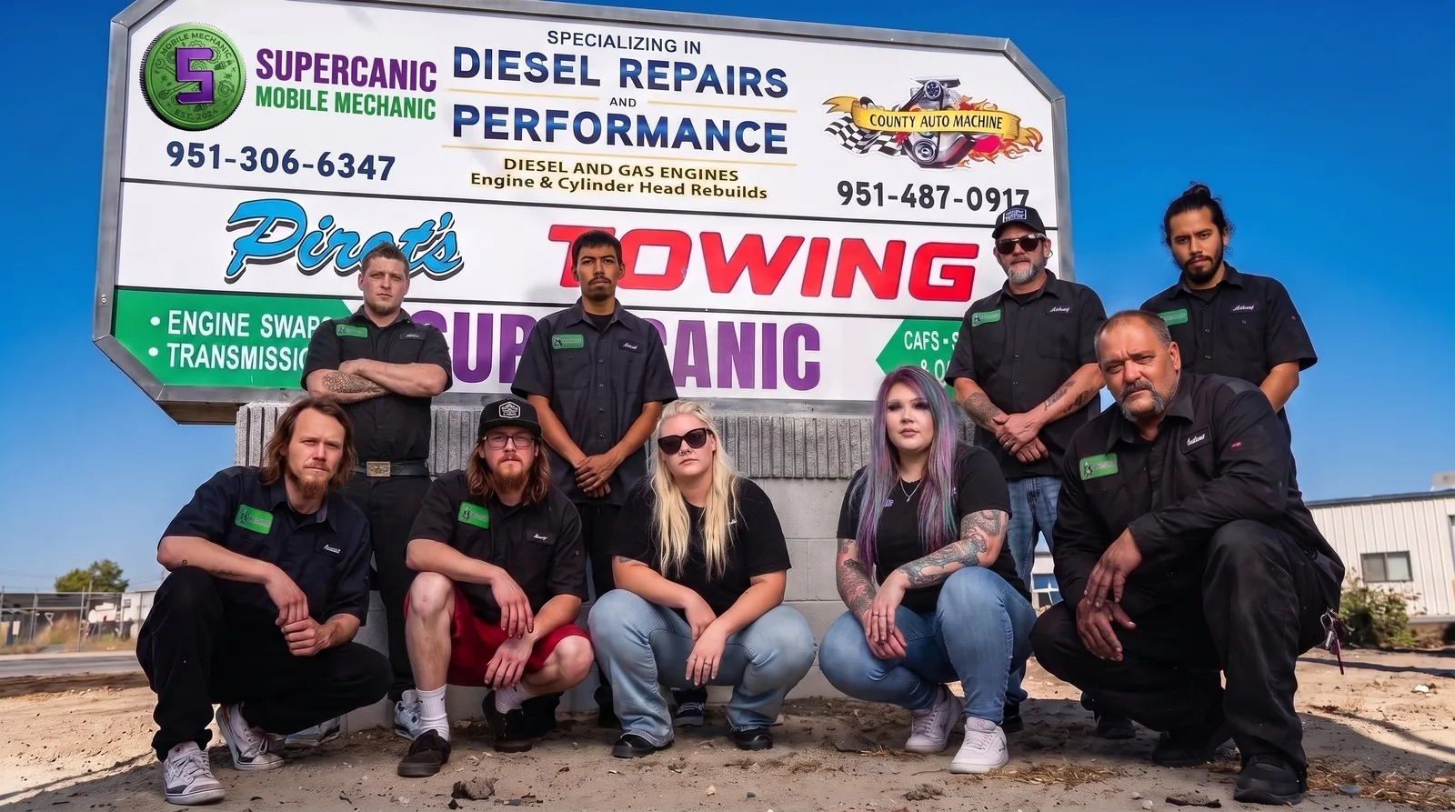 The Supercanic crew at the shop sign on State St in San Jacinto