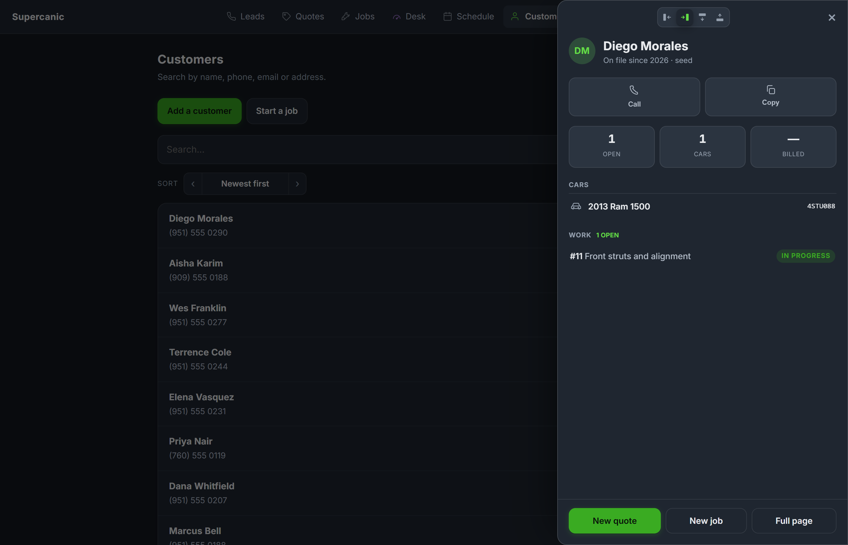 A customer record in Shop Desk with vehicles and history