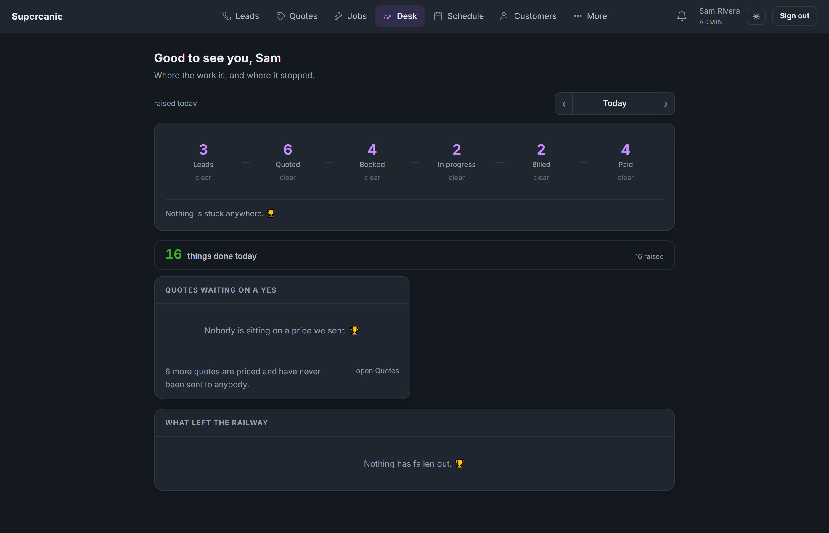 The Shop Desk dashboard showing leads, quotes, booked jobs, work in progress, billed and paid