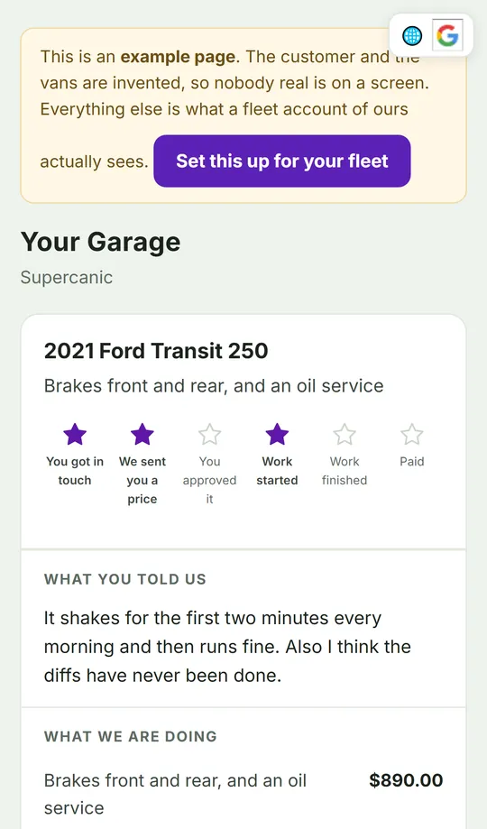The same garage page for a fleet customer on a phone, with several vehicles listed