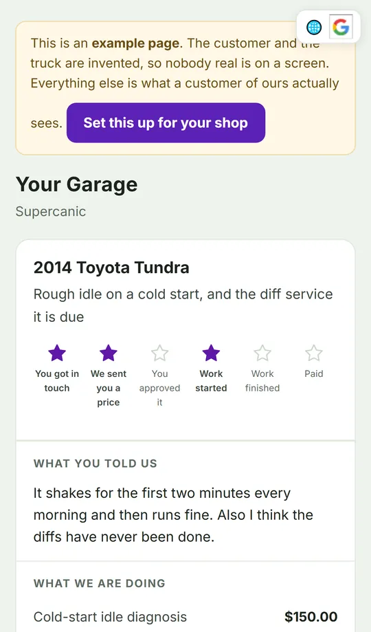 A customer garage page on a phone, showing a 2014 Toyota Tundra, the stage the job is at and what the shop is doing