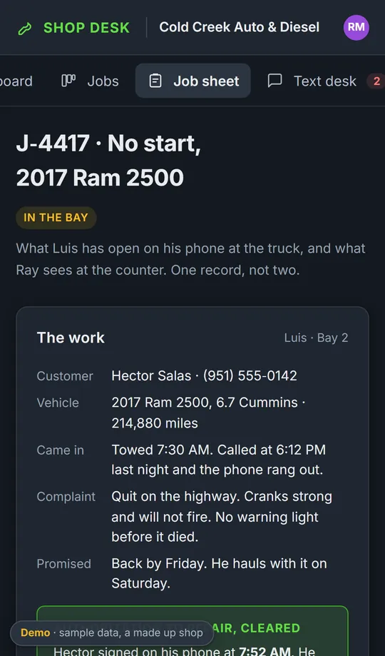 A job sheet on a phone, showing the work, the parts on the job and what has been done so far