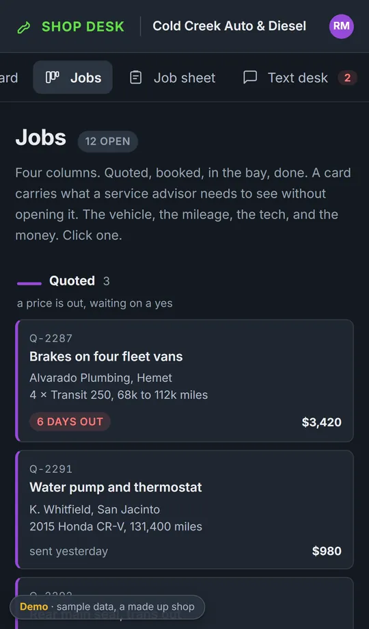 The jobs list on a phone, with each job showing its stage and what it is waiting on