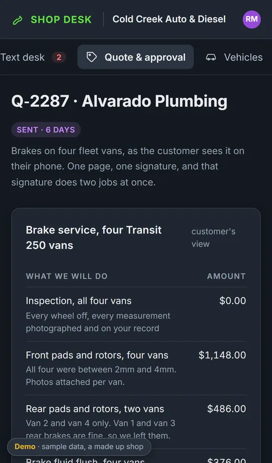 A quote on a phone, showing brake work on four fleet vans with each line priced and photos attached