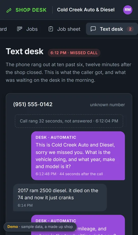 The text desk on a phone. A missed call at 6:12pm, an automatic text back 44 seconds later, and the customer answering with the year, make and model