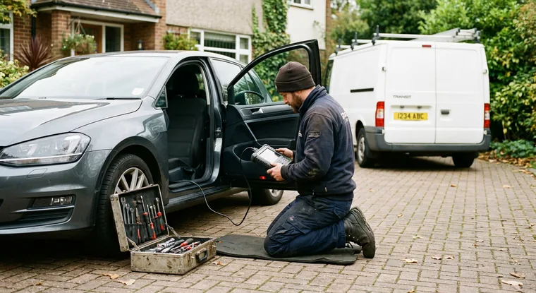 A mechanic working on a car on a driveway with a service van parked behind