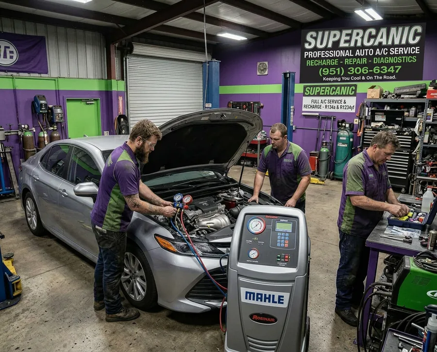 Three Supercanic technicians working on a car in the shop, with an air conditioning machine beside them