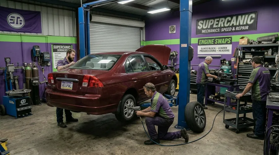 A car on a lift in the Supercanic bay with technicians working around it