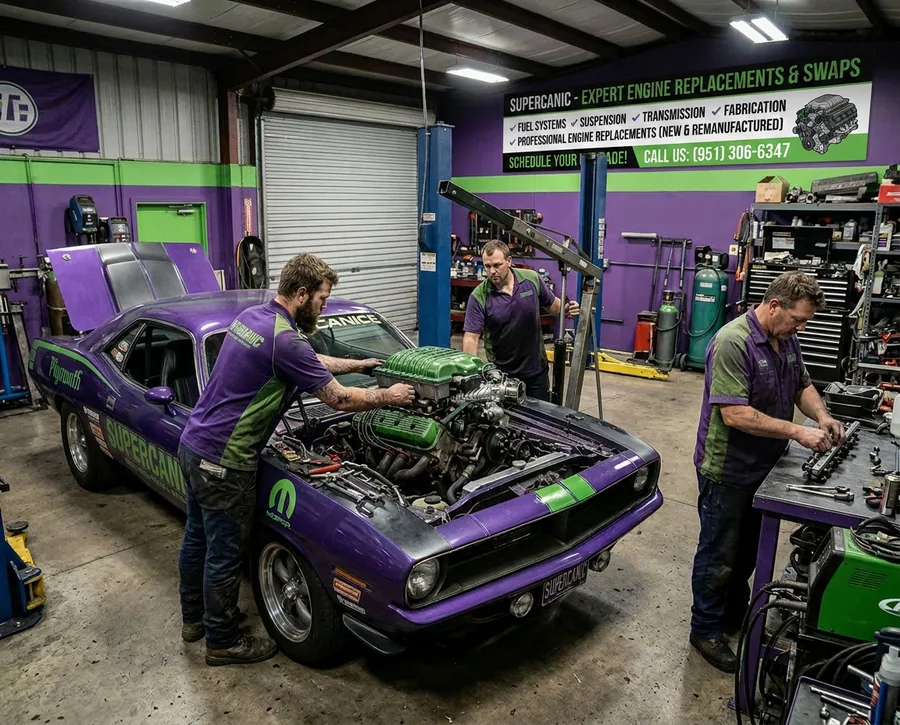 Two Supercanic technicians working on an engine in a purple Dodge Challenger