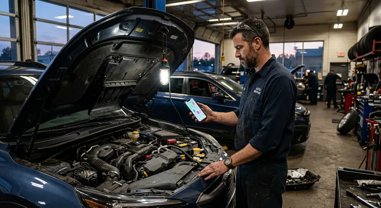 A technician holding a tablet over an open engine bay