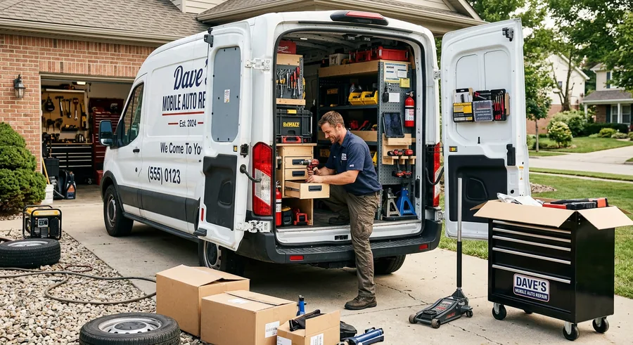 A mobile mechanic working out of the back of a service van on a driveway