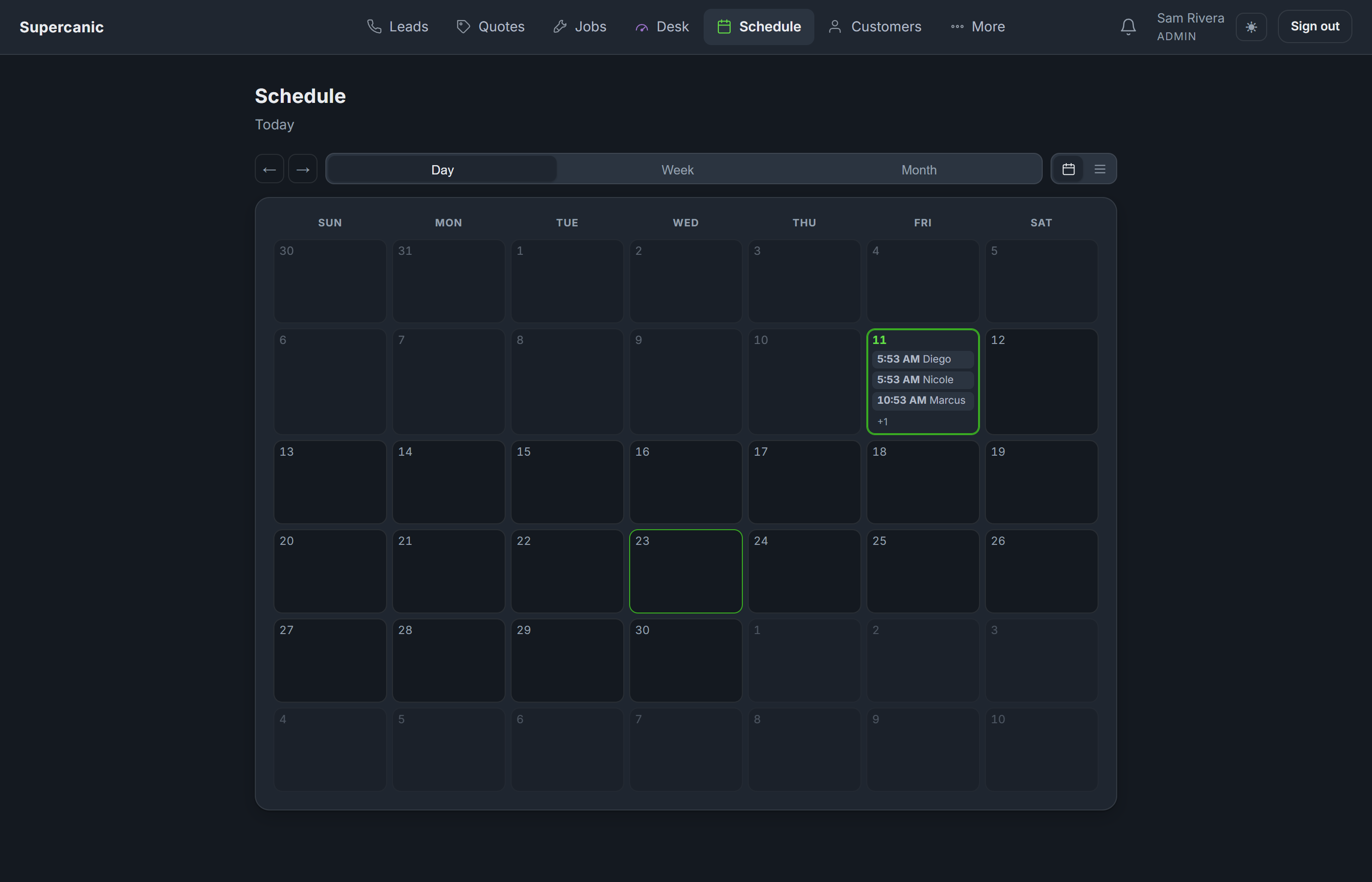 The Shop Desk schedule showing bookings and jobs together