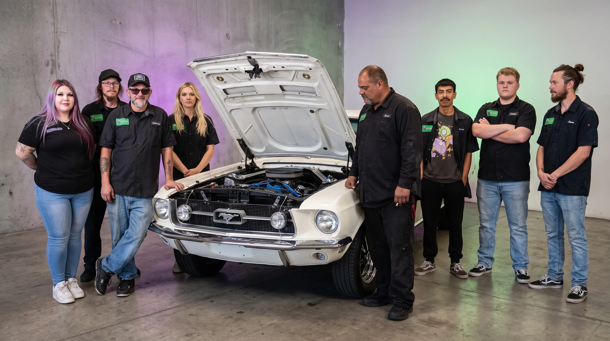 The crew around Anthony's white classic Mustang with the hood up