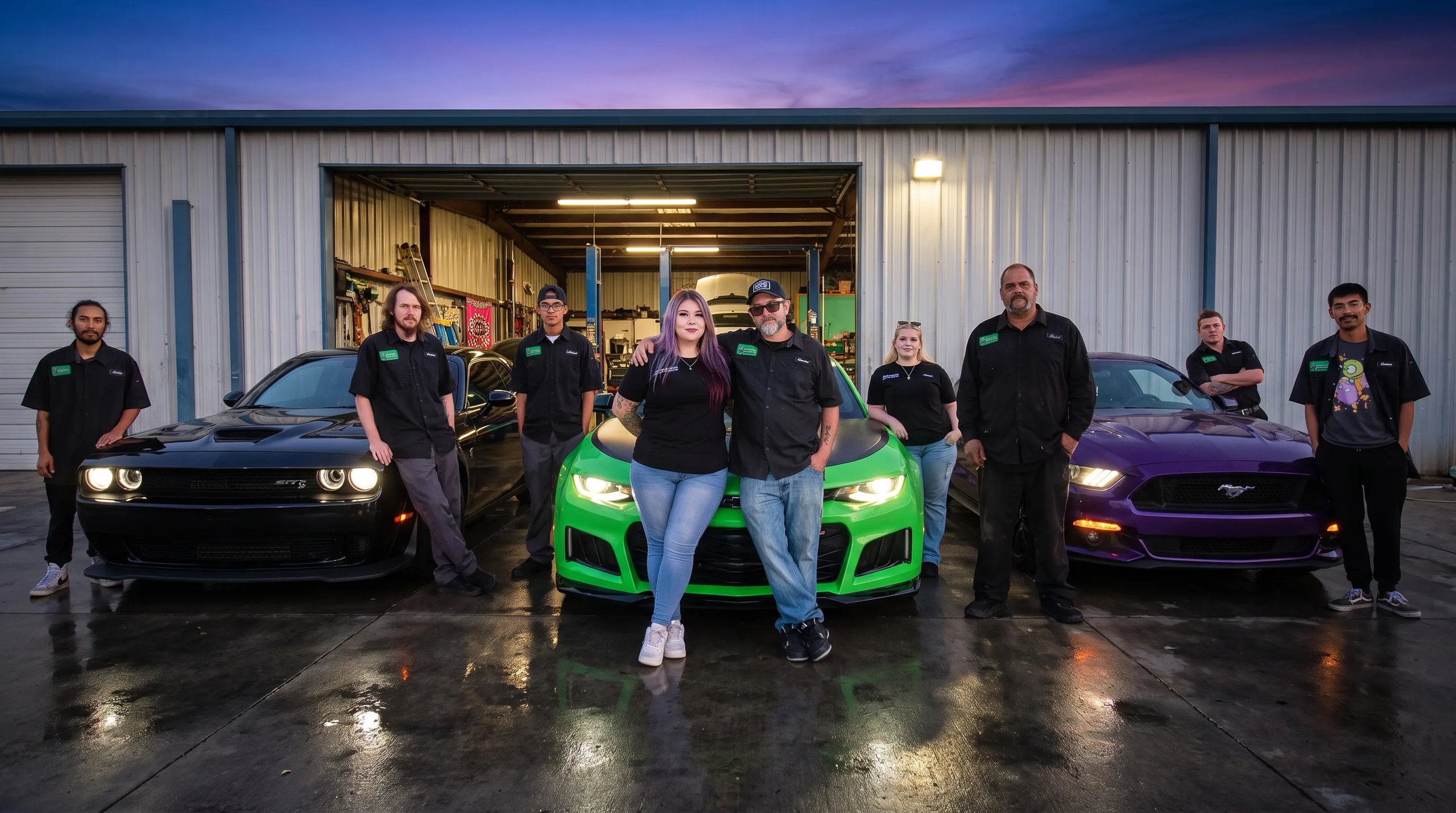 The crew at dusk with a Challenger Hellcat, a green Camaro and a purple Mustang