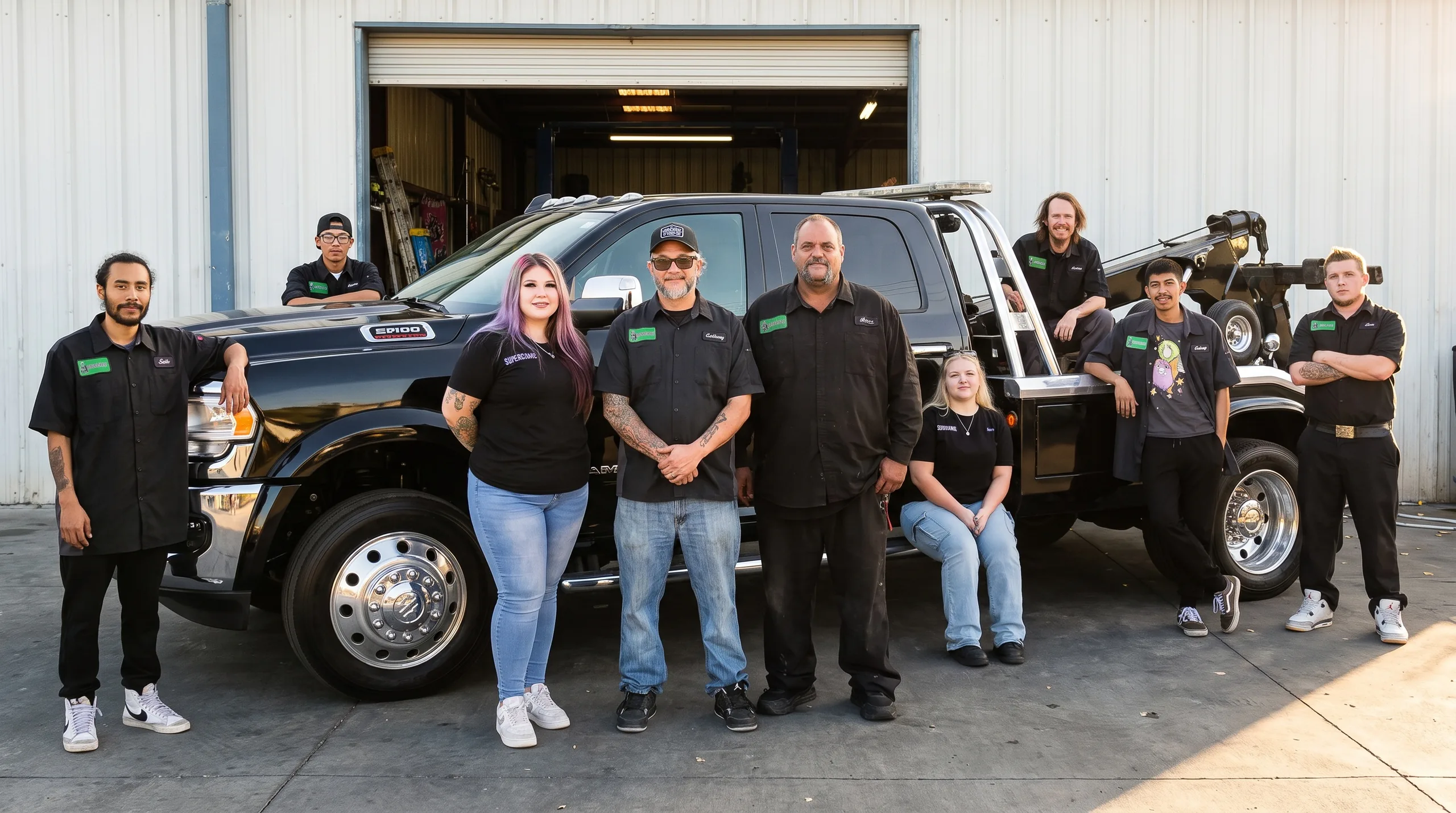 The crew with the Ram 3500 wrecker that runs our tows