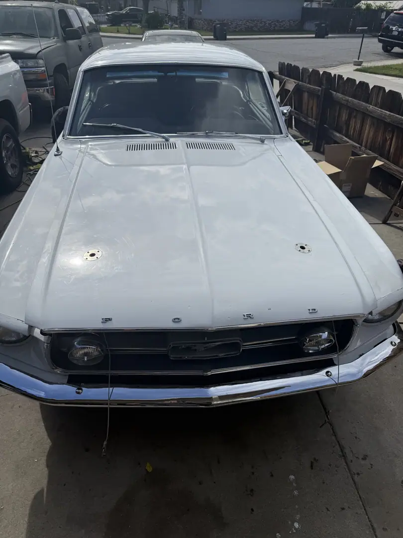 The front of a white classic Mustang in a driveway, May 2025