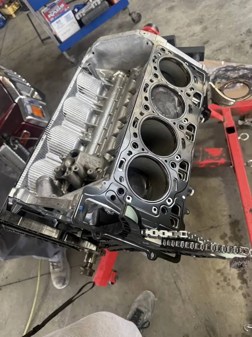 Close look at the cylinder bores of a V8 block on a stand