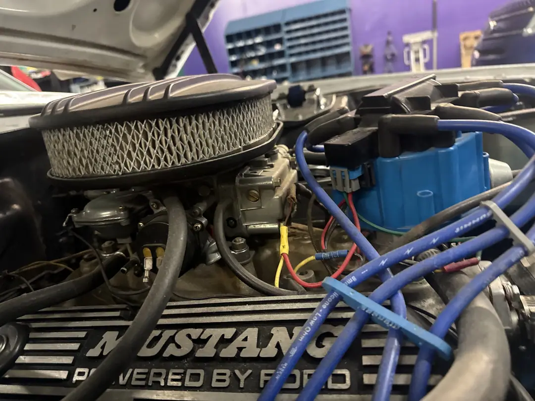The rebuilt Ford V8 in the Mustang with blue plug wires and Powered by Ford valve covers