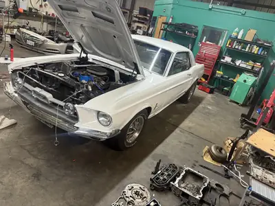 Mustang engine back in, hood open in the bay