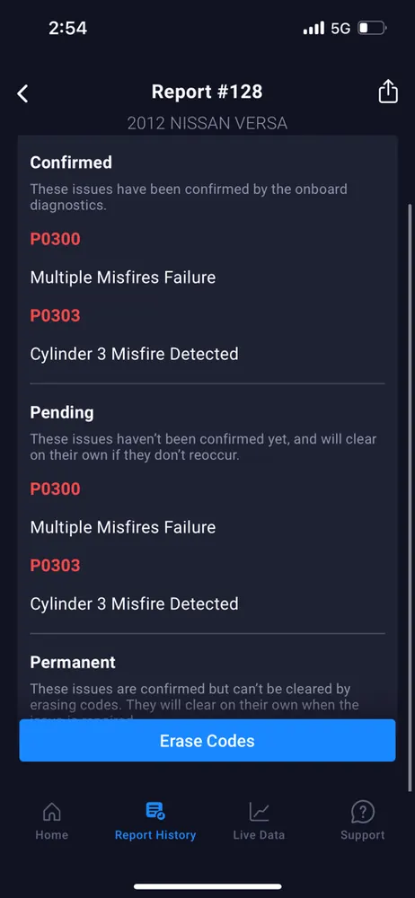 Phone diagnostic report showing P0300 multiple misfires and P0303 cylinder 3 misfire on a 2012 Nissan Versa