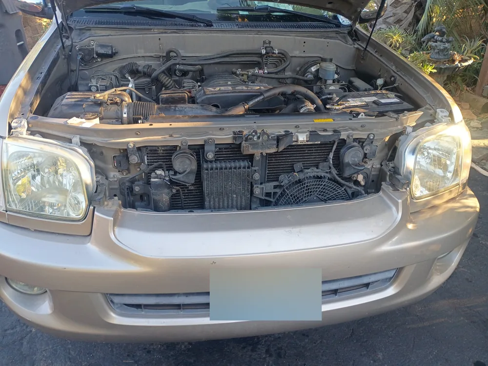 Front view of the 2007 Toyota Sequoia with the grille off and the radiator and fan showing