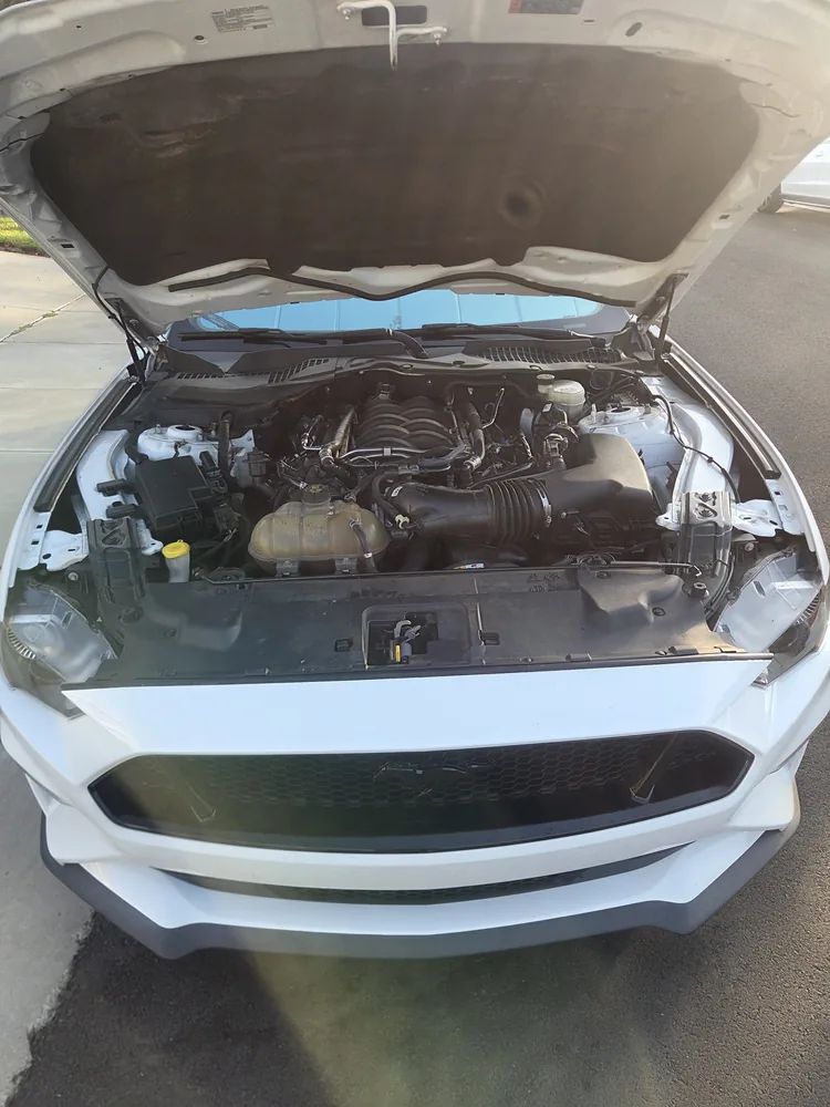 The engine bay of a white 2018 Mustang GT with the hood open