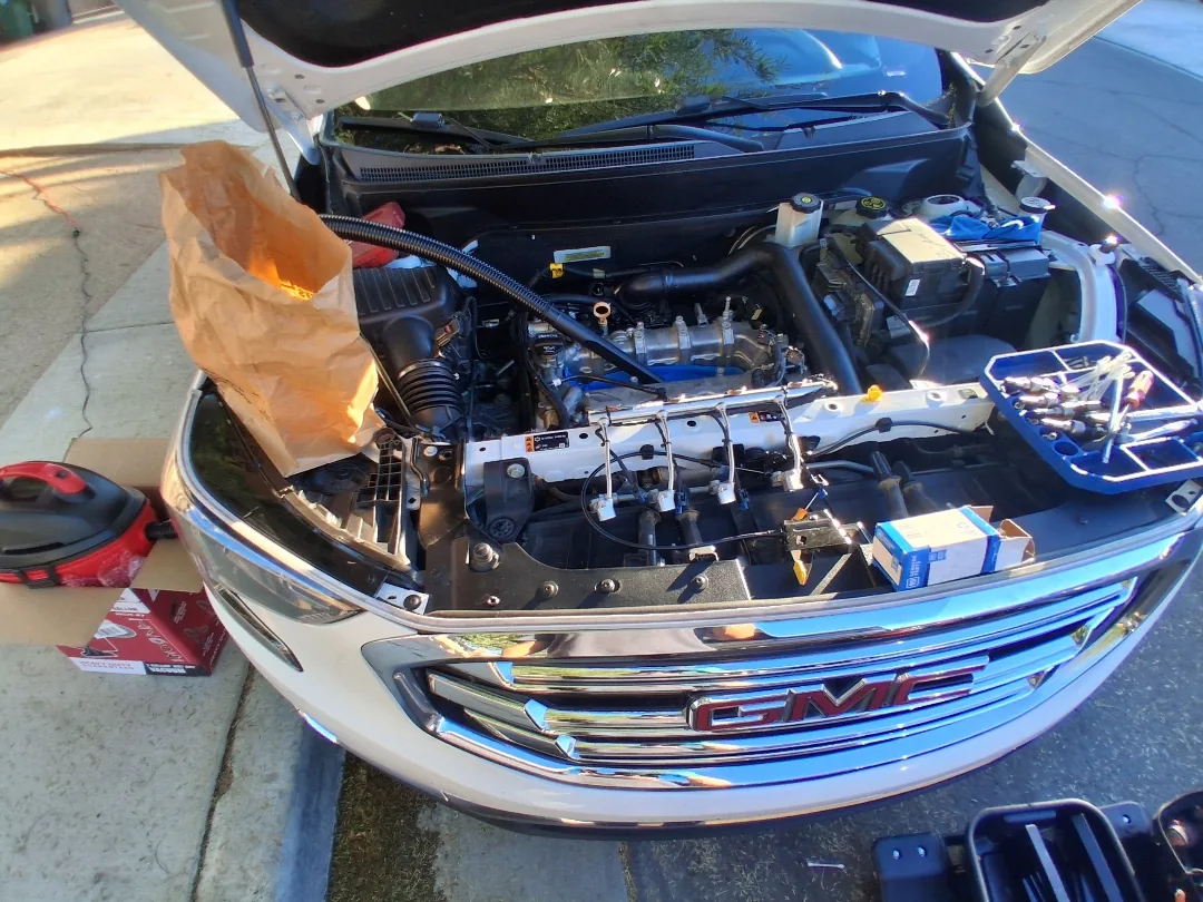 Front end stripped for fuel rail and injector work on an Indio CA job
