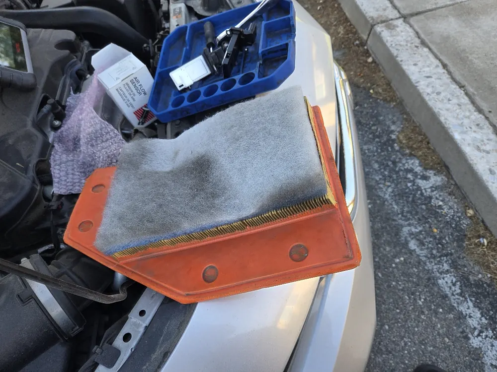 Dirty engine air filter pulled during a MAF diagnosis in Jurupa Valley CA