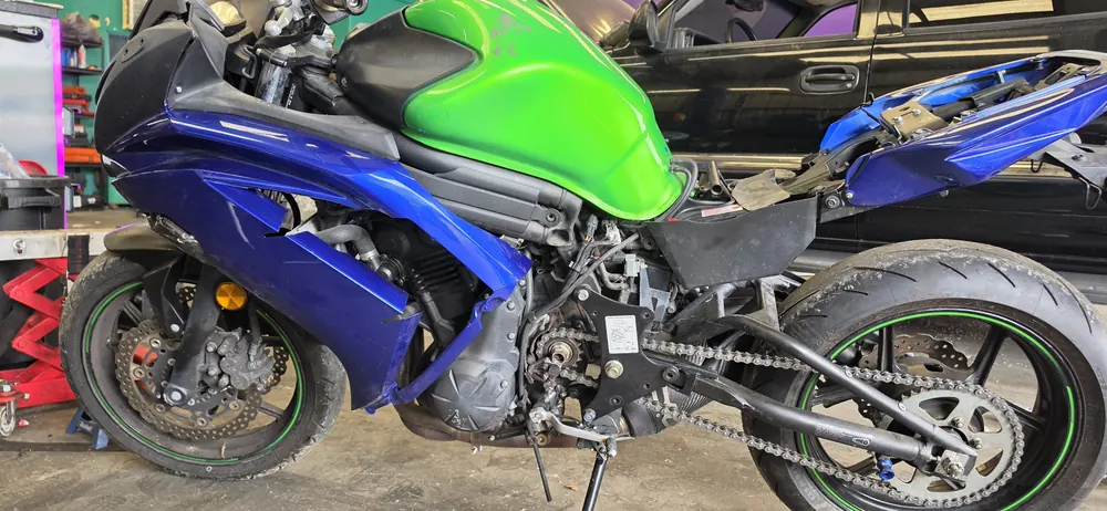 Two sport bikes in the shop for fairing and chain work from Murrieta CA