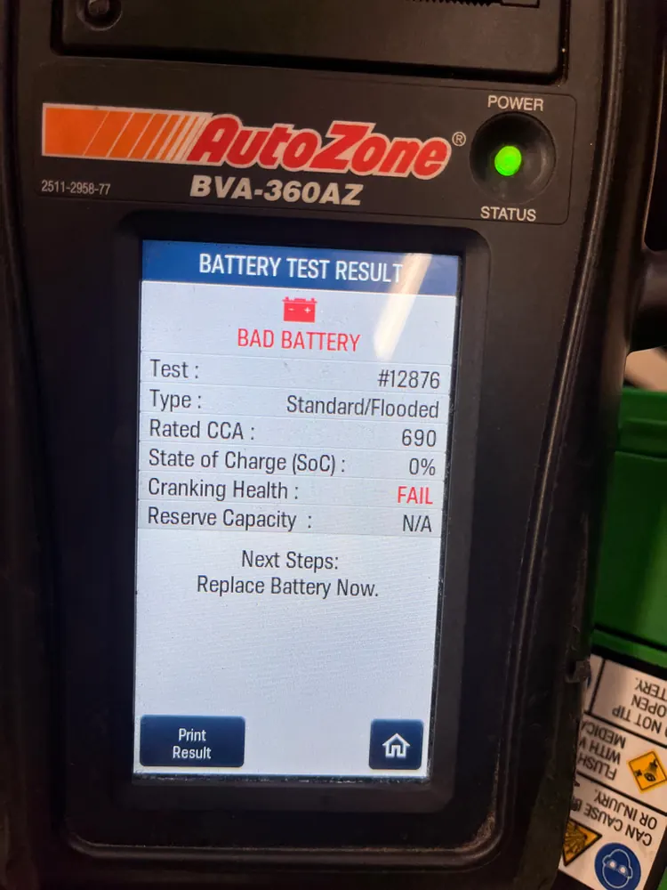 Battery tester showing a failed battery with zero percent state of charge during a no-start diagnosis