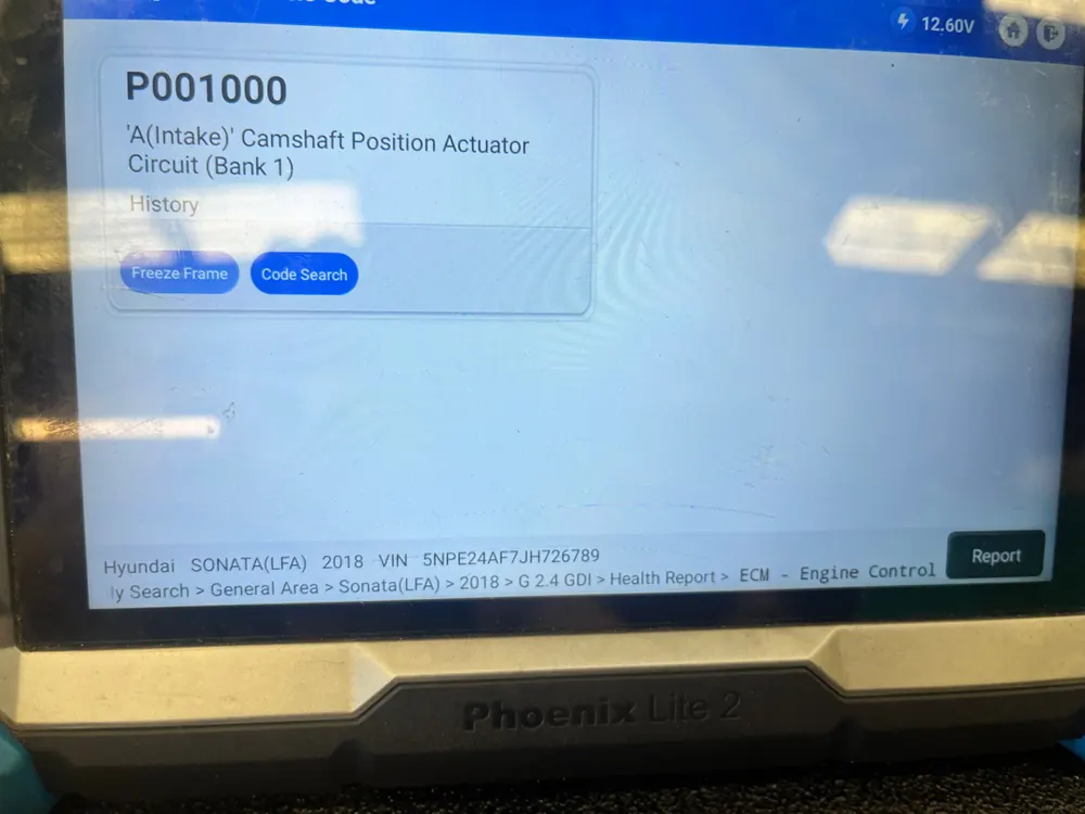 Diagnostic tablet showing camshaft position actuator circuit code on a Hyundai Sonata in Murrieta CA