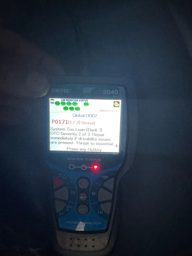 Scan tool showing code P0171 System Too Lean Bank 1 during a diagnostic in Hemet CA
