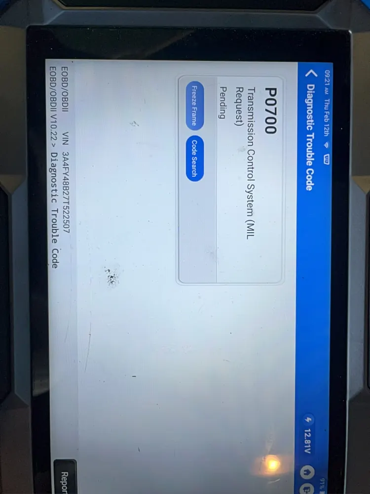 Diagnostic tablet showing code P0700 transmission control system on a PT Cruiser in Riverside CA
