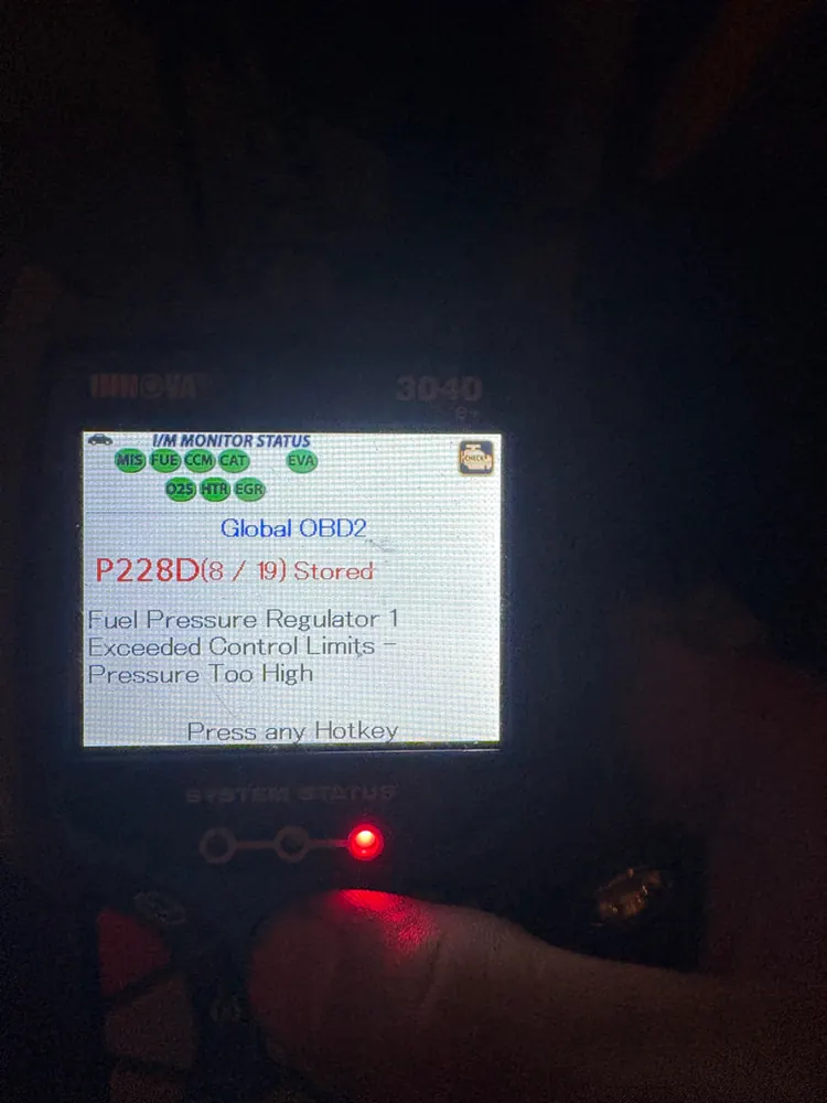Scan tool showing code P228D fuel pressure regulator exceeded control limits
