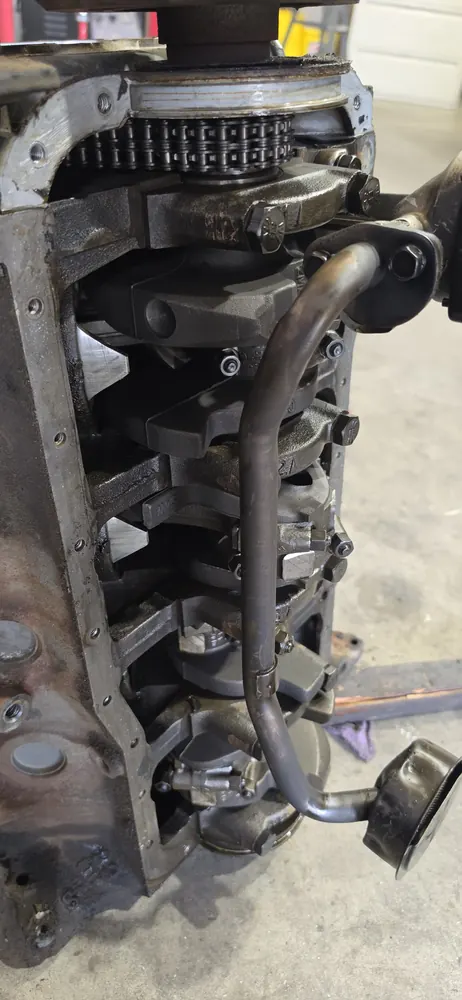 V8 bottom end on the engine stand during a rebuild