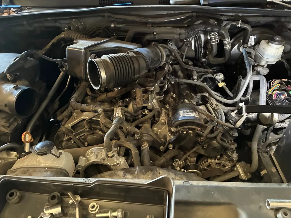 Engine with intake removed during internal engine repair