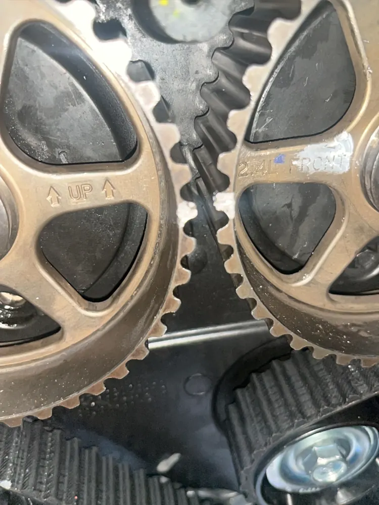 Camshaft gear and timing belt close-up during a timing belt replacement