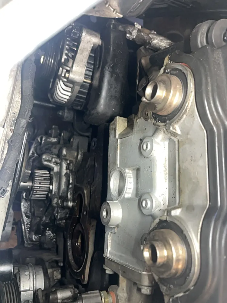 Valvetrain and timing area exposed during a timing belt job